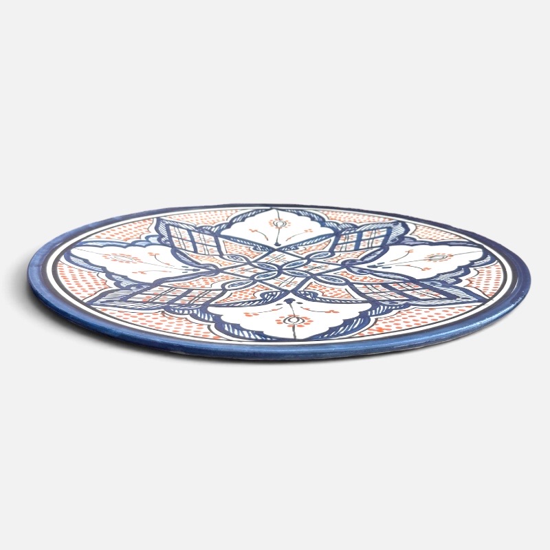 Blue dish with colored pattern and details in orange, measuring 42 cm, handmade in Morocco.