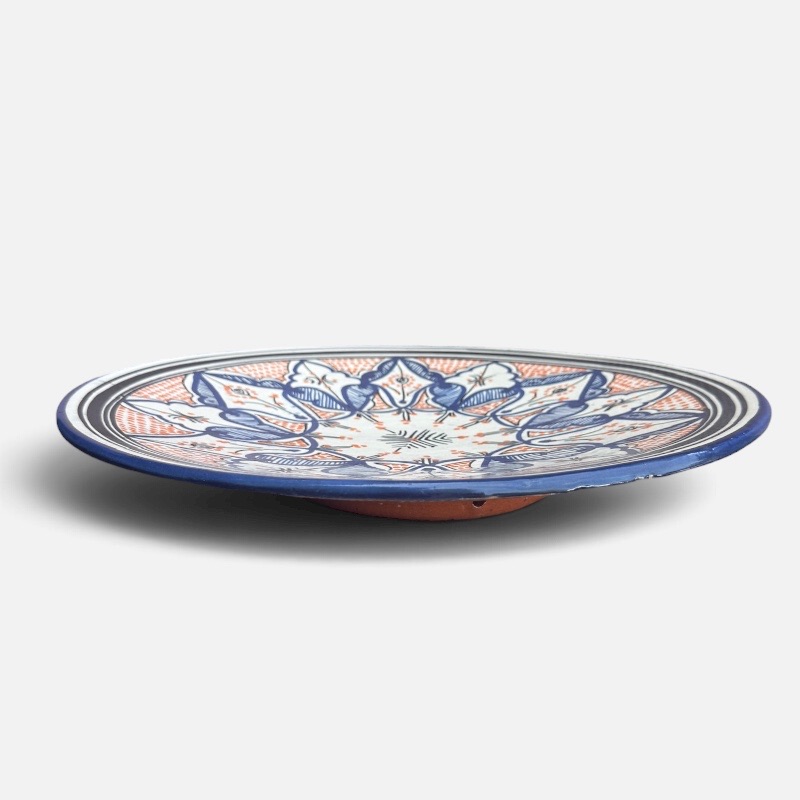 Blue dish with colored pattern and details in orange, measuring 42 cm, handmade in Morocco.