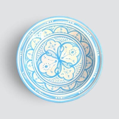 Beautiful couscous dish in ceramic measuring 28 centimeters. Light blue, and handmade in Morocco.