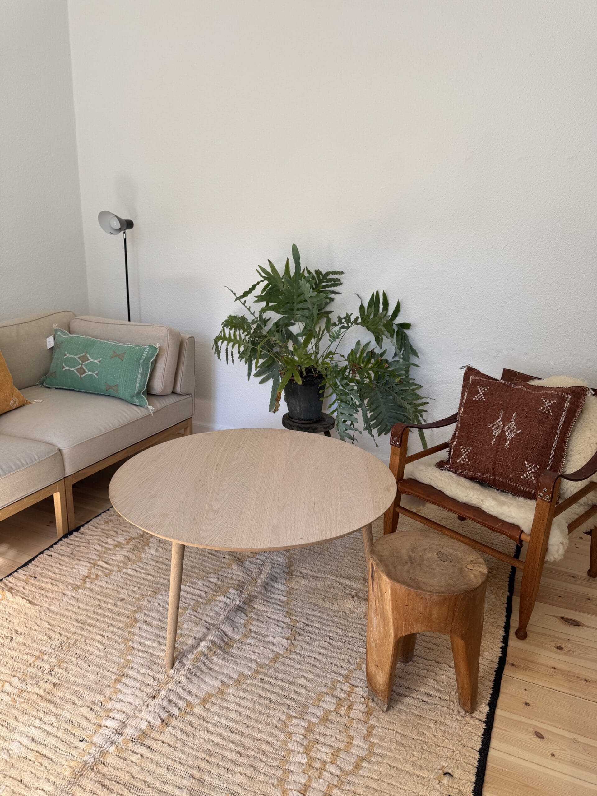 living room with beige Moroccan rug